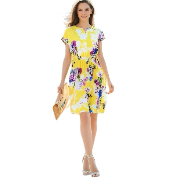 CHRISTOPHER & BANKS Dress Yellow Violet Floral Short Sleeve Knee Length Sz Small - Picture 15 of 15